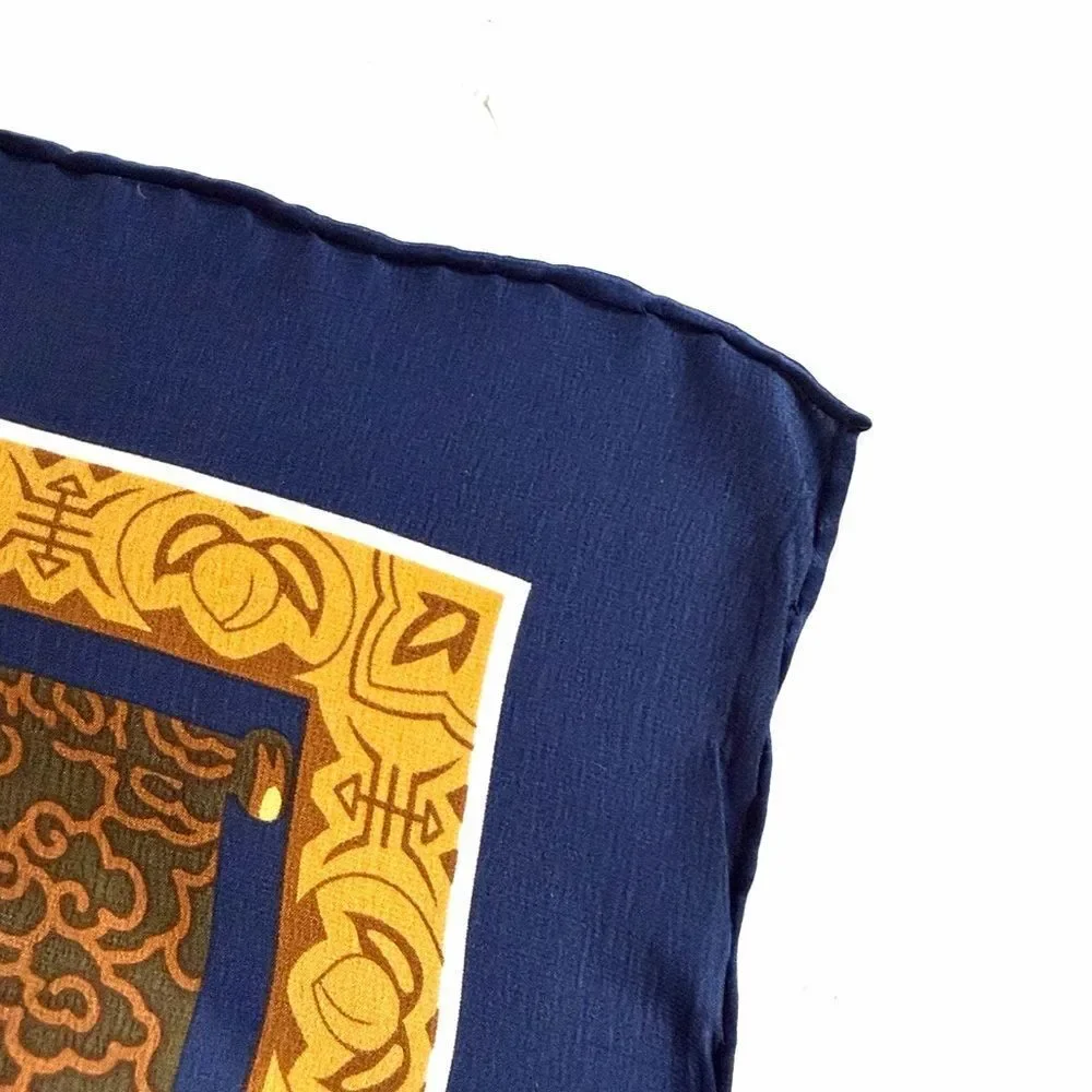 Chinese Mulberry Silk Scarf Blue Gold Calligraphy Children Scenes Nianhua Art